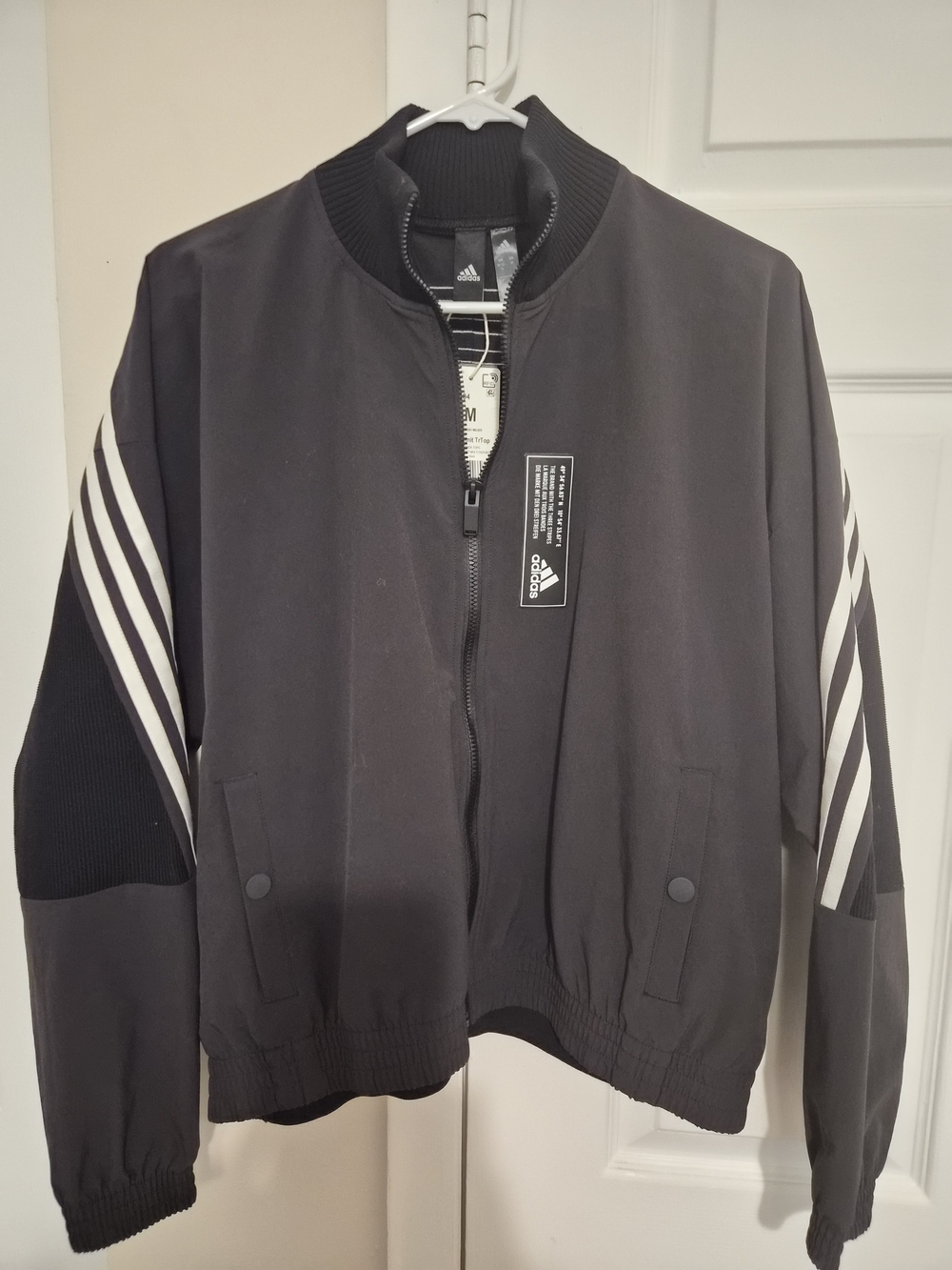 Adidas Women's Black Bomber Jacket with White Stripes NWT